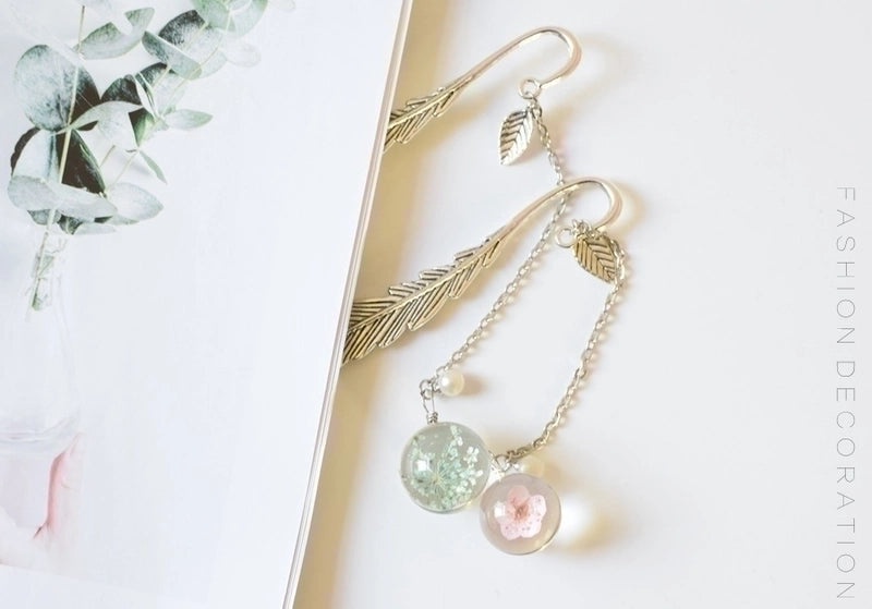 Elegant Metal Feather Pendant with Dried Flower Bookmark | Accessories & Jewelry