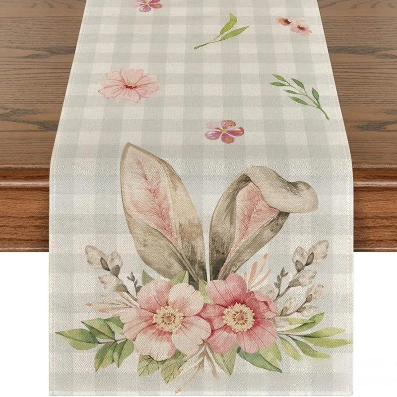 Minimalist Rabbit Pattern Linen Table Runner for Dining Table | Home Decor Table Linens