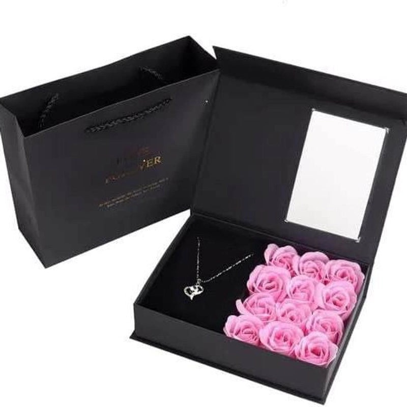 Valentine's Day Gift Set with Soap Flower, Lipstick, Necklace in Flip Window Box|Jewelry & Gift Sets
