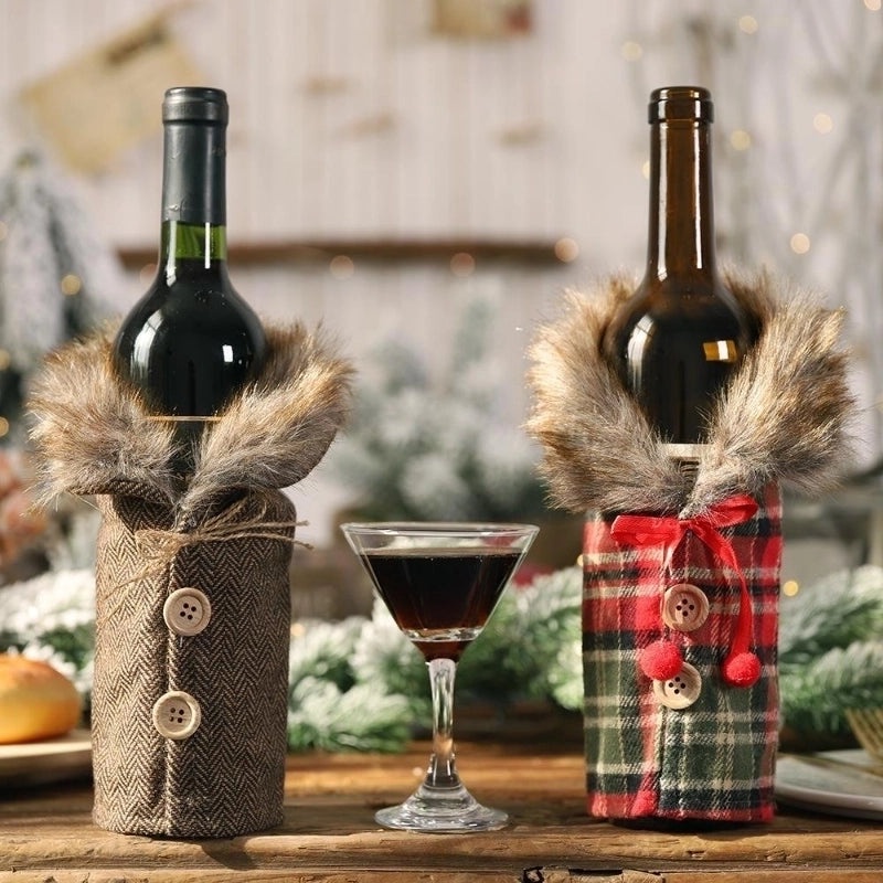 Christmas Wine Bottle Decoration Set Striped Plaid Skirt Table Ornament | Holiday Home Decor