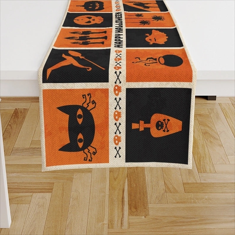 Ethnic Halloween Linen Tablecloth with Color Block Design for Vacation | Home Decor Table Linens