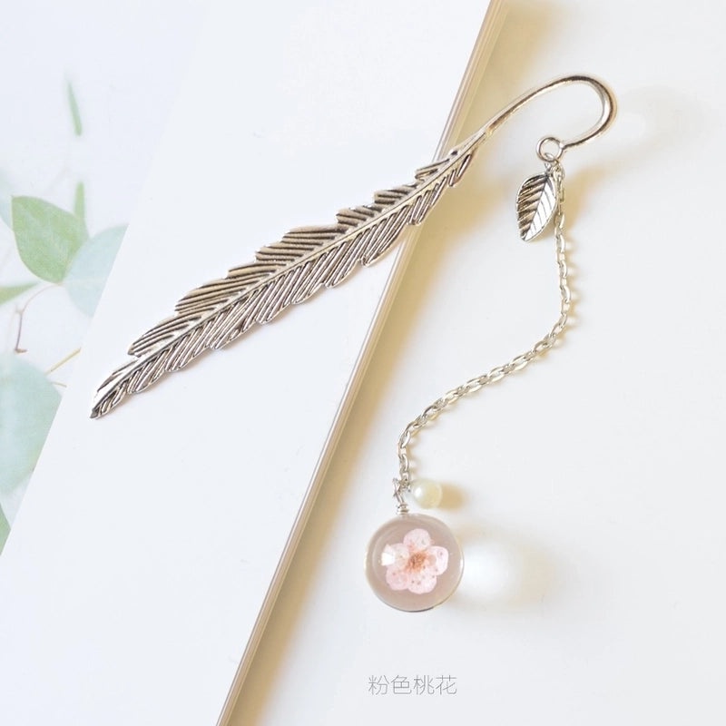 Elegant Metal Feather Pendant with Dried Flower Bookmark | Accessories & Jewelry