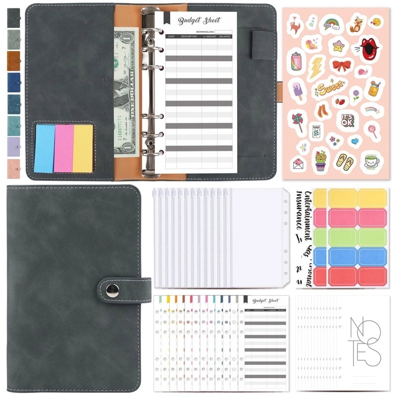 A6 Macaron Leather Refillable Loose-leaf Notebook with 12 Zipper Bags | Stationery & Office Supplies