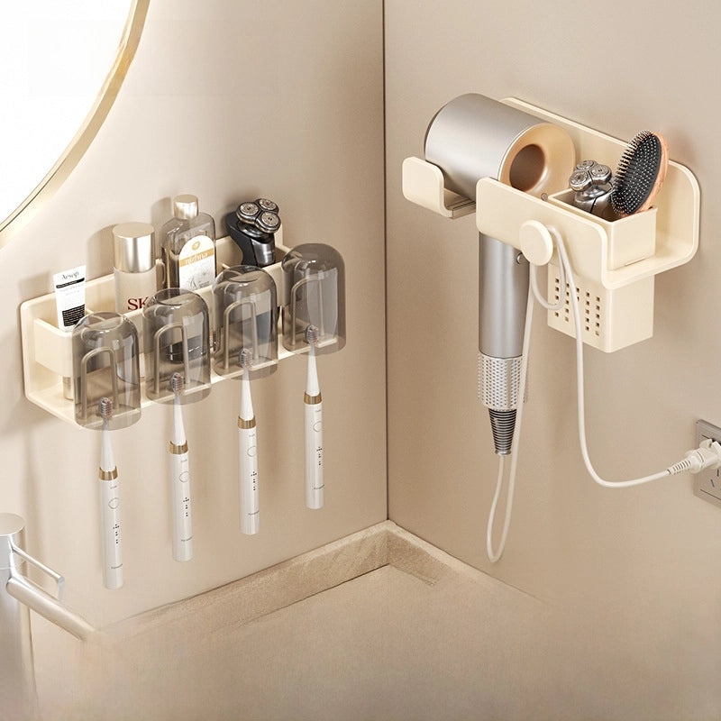 Cream White Wall-mounted Hair Dryer Holder Punch-free Bathroom Storage Rack Electric Device Bracket|Bathroom Accessories