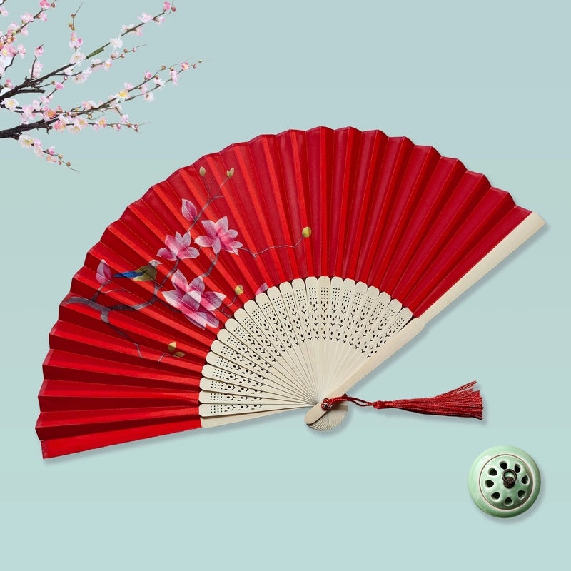 Elegant Chinoiserie Floral Bamboo Fans with Classic Heating Design | Home Decor Fans