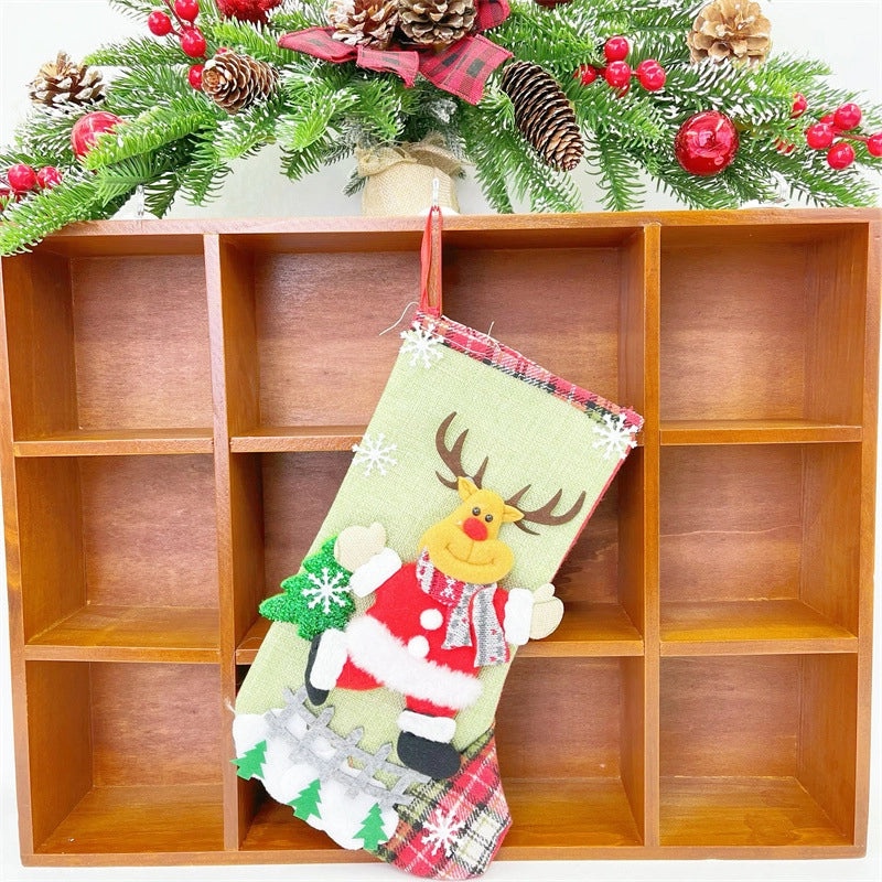 Linen Large Christmas Stockings Holiday Gift Bags Apple Design Festive Decorations|Christmas Decorations & Gifts