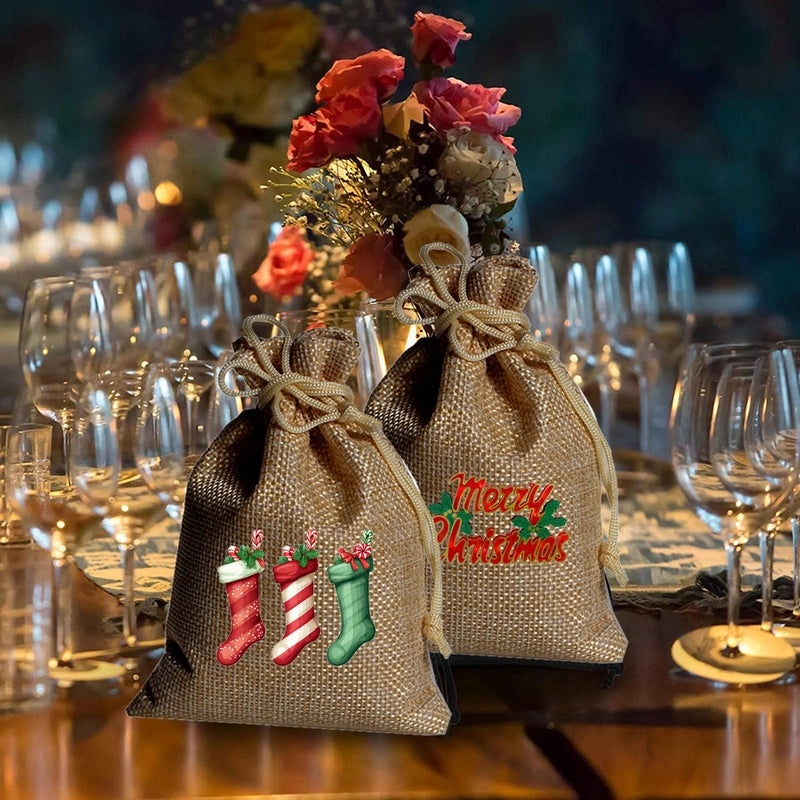 Christmas Linen Christmas Socks Gift Bags Santa Claus Candy Party Favor Bags|Holiday Gift Bags