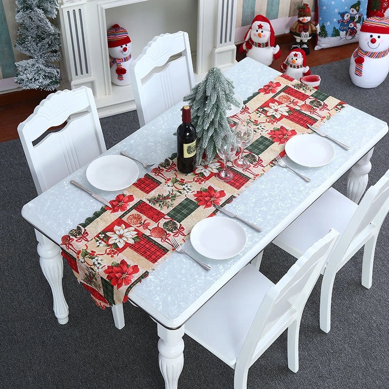 Festive Calico Table Runner with Christmas Ornaments Design|Home Decor & Table Linens
