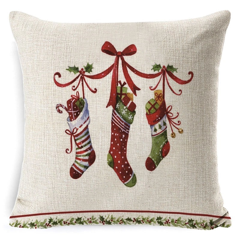 Vintage Christmas Tree and Santa Claus Socks Pattern Linen Pillow Covers|Home Decor Pillows