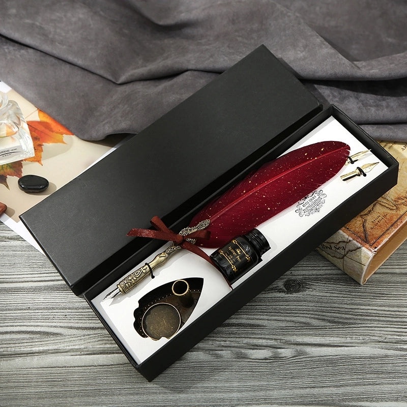 Set of Stainless Steel Fountain Pens with Feather Design for Students|Writing Instruments