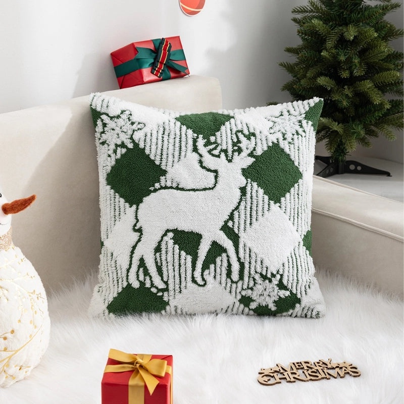 Christmas Fleece Pillow Cover with Jacquard Tree and Elk Design|Home Decor & Holiday Decorations
