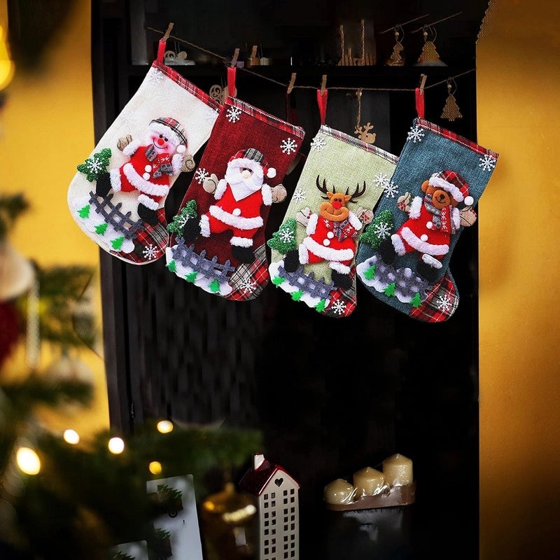 Linen Large Christmas Stockings Holiday Gift Bags Apple Design Festive Decorations|Christmas Decorations & Gifts