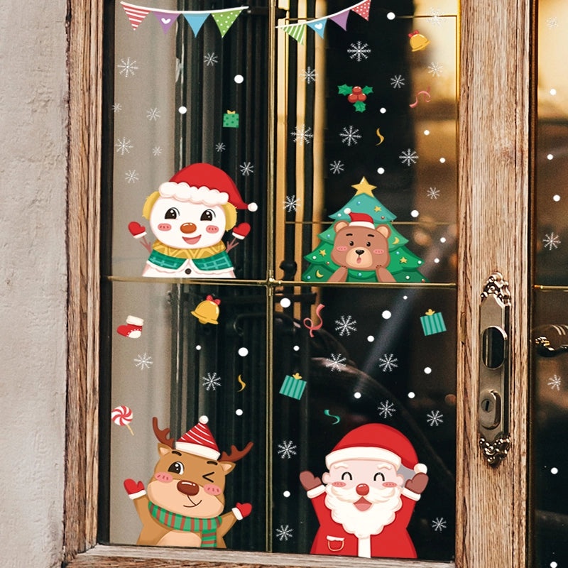 Festive Christmas Santa, Bear, and Elk PVC Window Stickers | Holiday Home Decor