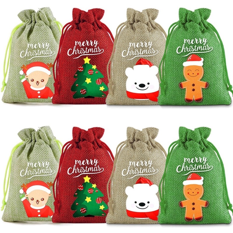 Festive Christmas Santa Snowman Linen Gift Bags for Holiday Party Decor|Holiday Decorations