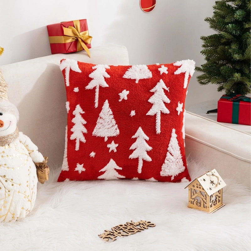 Christmas Fleece Pillow Cover with Jacquard Tree and Elk Design|Home Decor & Holiday Decorations