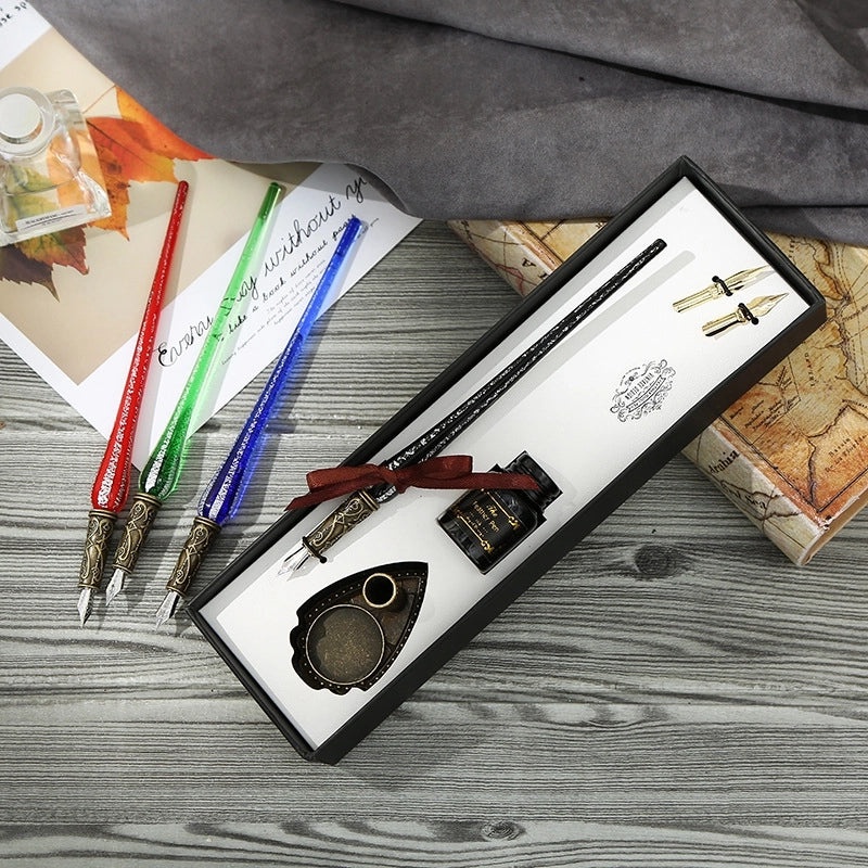 Set of Stainless Steel Fountain Pens with Feather Design for Students|Writing Instruments