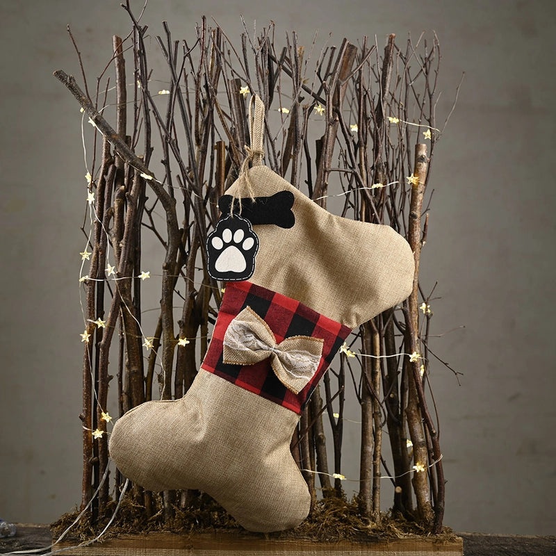 Linen Christmas Stocking Pendant with Lattice Pattern and Candy Bag | Home Decor