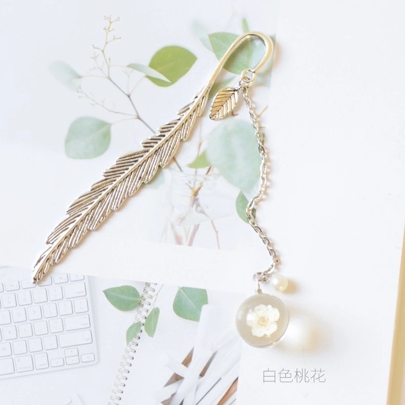 Elegant Metal Feather Pendant with Dried Flower Bookmark | Accessories & Jewelry