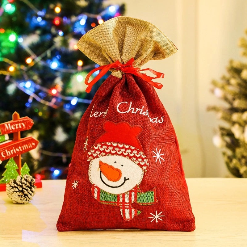 Cute Christmas Santa and Snowman Linen Gift Bags|Holiday Party Favor Bags