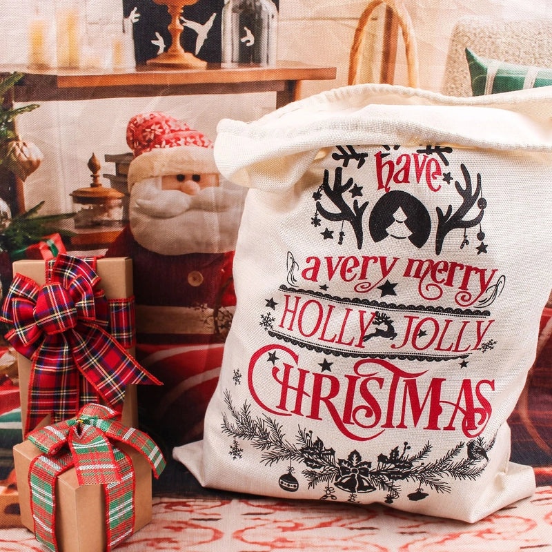 Christmas Large Printed Drawstring Gift Bag Imitation Linen Santa Claus Backpack Holiday Party Favor Bag|Holiday Gift Bags