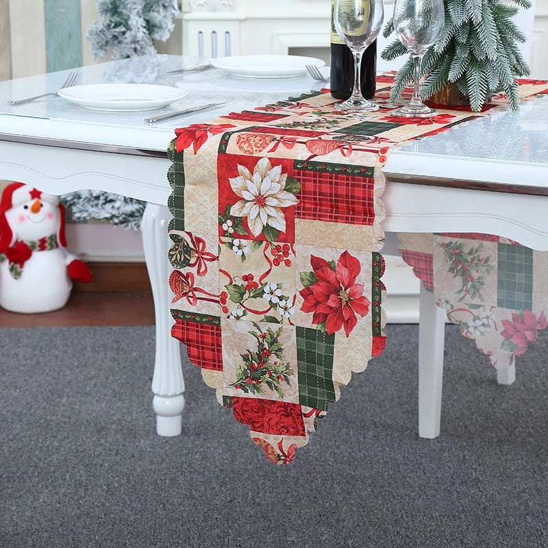 Festive Calico Table Runner with Christmas Ornaments Design|Home Decor & Table Linens