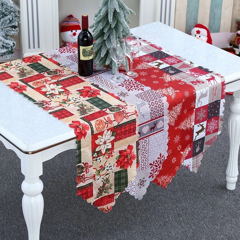 Festive Calico Table Runner with Christmas Ornaments Design|Home Decor & Table Linens