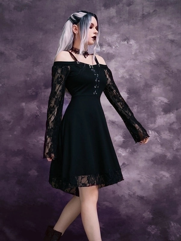 Gothic Princess Dress for Women Long Sleeve Boat Neck Solid Color Patchwork Above Knee Party Wear|Women's Clothing Dresses