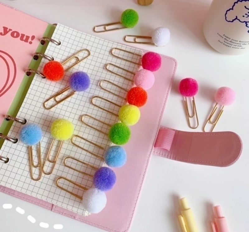 Cute Japanese Metal Paper Clip Bookmark with Colorful Candy Hairy Ball Pin for Students and Office Supplies|Stationery