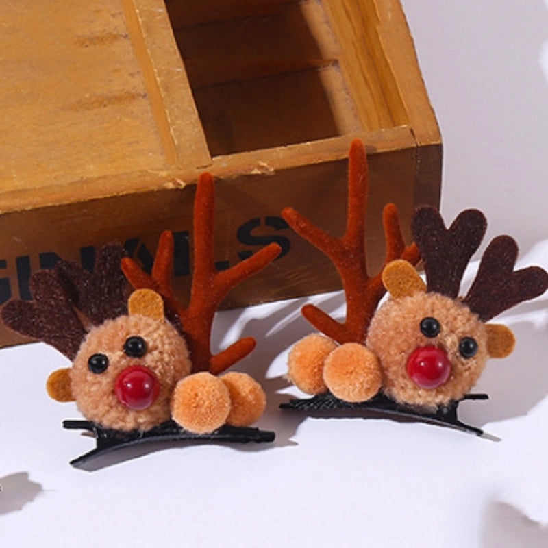 Christmas Reindeer Antler Hair Clip with Pom Pom Ball | Holiday Hair Accessories
