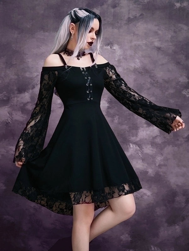 Gothic Princess Dress for Women Long Sleeve Boat Neck Solid Color Patchwork Above Knee Party Wear|Women's Clothing Dresses