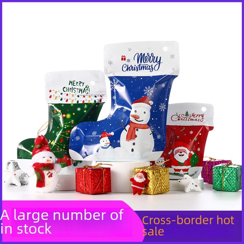 Christmas Socks Gift Packaging Bag Self-sealing Plastic Stand-up Bag for Jewelry Holiday Packaging|Packaging & Storage