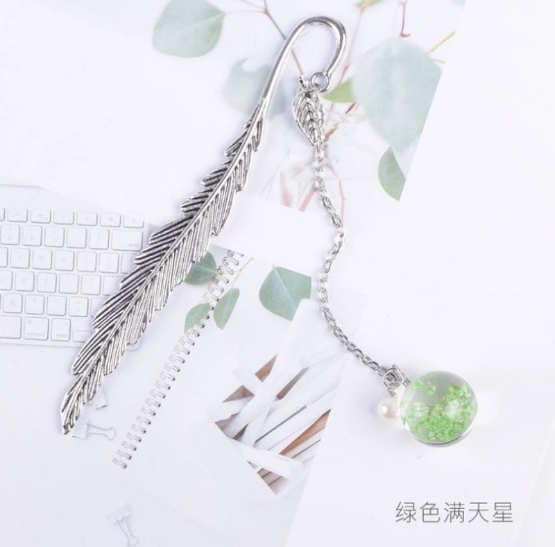 Elegant Metal Feather Pendant with Dried Flower Bookmark | Accessories & Jewelry