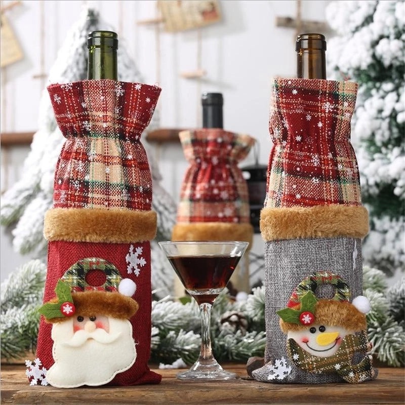 Christmas Plaid Linen Bottle Decoration Set | Holiday Home Decor