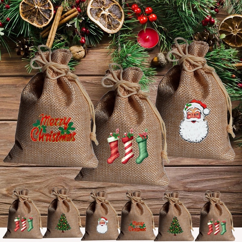 Christmas Linen Christmas Socks Gift Bags Santa Claus Candy Party Favor Bags|Holiday Gift Bags