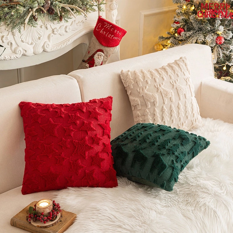 Festive Plush Snowflake & Christmas Tree Embroidered Sofa Cushion Cover|Home Decor & Living Room Accessories
