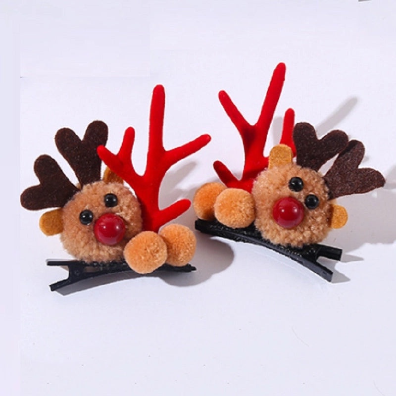 Christmas Reindeer Antler Hair Clip with Pom Pom Ball | Holiday Hair Accessories