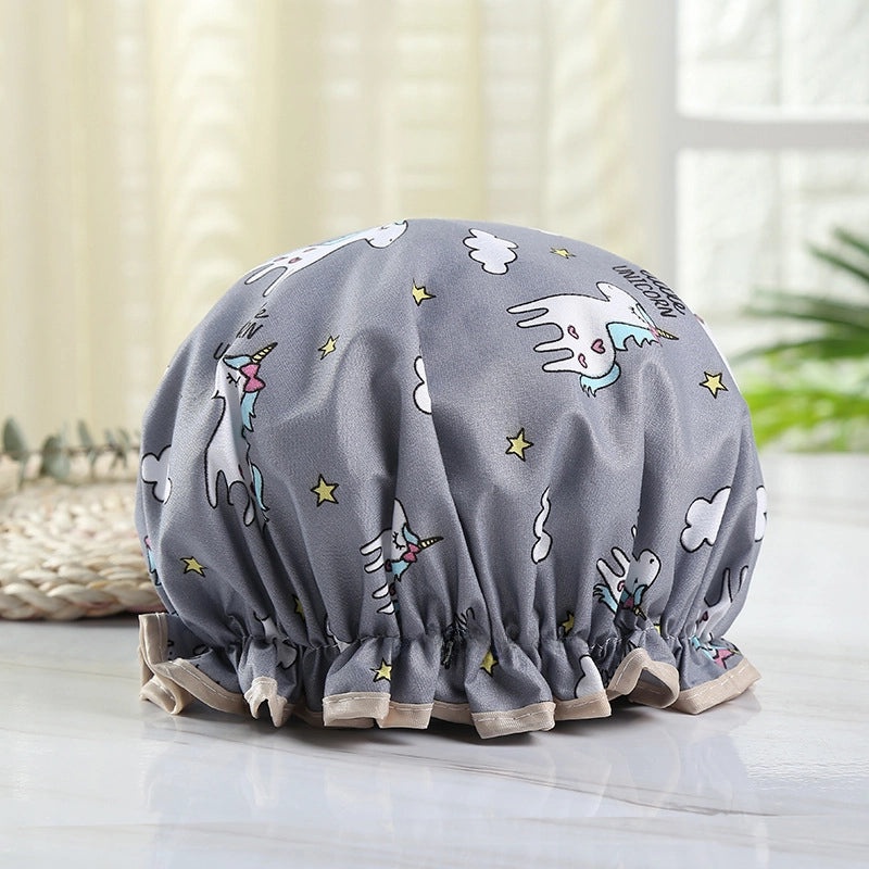 Waterproof Double Layer Shower Cap for Women Cartoon Print Hair Protection PVCPE Material|Women’s Bath & Shower Accessories