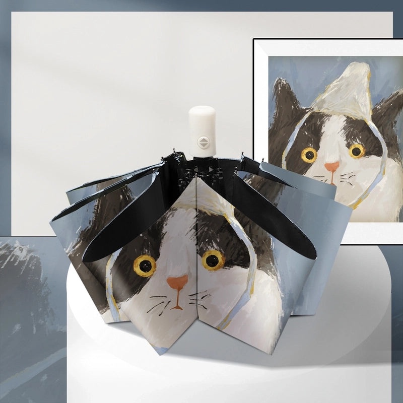 Vintage Oil Painting Cat Umbrella for Women | Dual-use Sun and Rain Umbrella with UV Protection, Automatic Folding Sunshade | Fashion Accessories