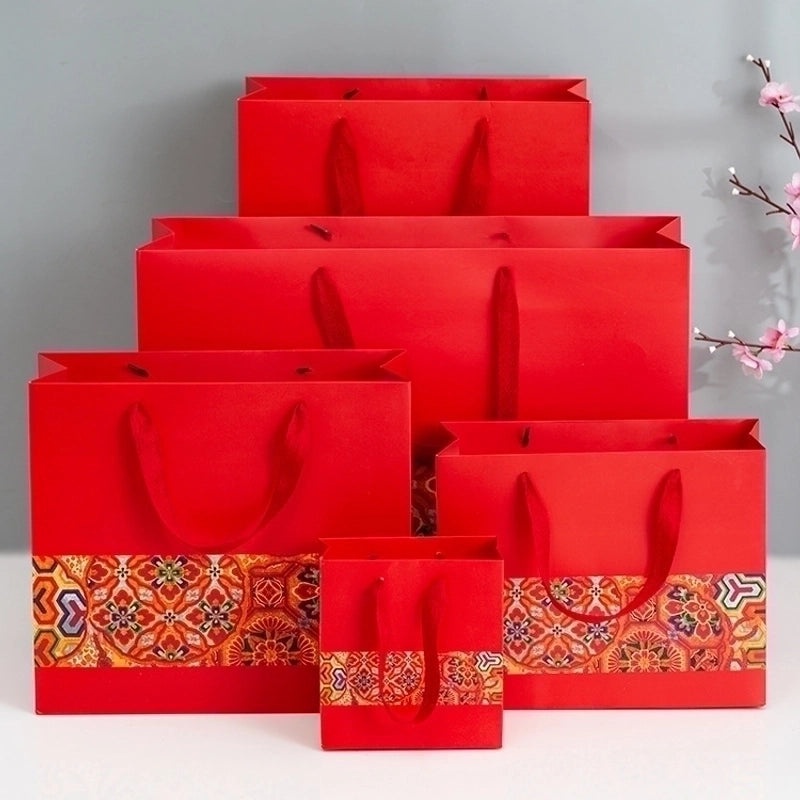 Chinese New Year Red Printed Wide Rope Gift Bag Portable Paper Return Gift Bag|Gift Bags & Packaging