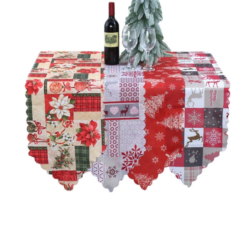Festive Calico Table Runner with Christmas Ornaments Design|Home Decor & Table Linens