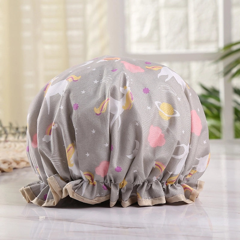 Waterproof Double Layer Shower Cap for Women Cartoon Print Hair Protection PVCPE Material|Women’s Bath & Shower Accessories