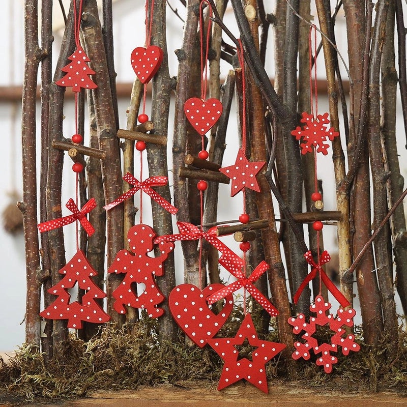 Festive Red Polka Dot Wooden Five-Star Christmas Tree Pendant with Bow and Heart Charm|Holiday Jewelry