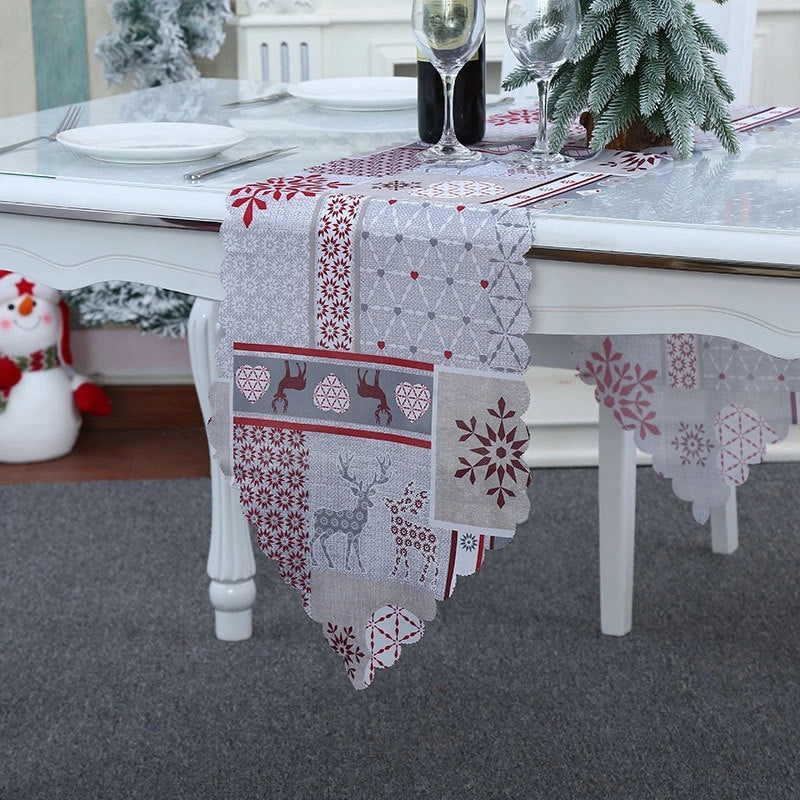 Festive Calico Table Runner with Christmas Ornaments Design|Home Decor & Table Linens