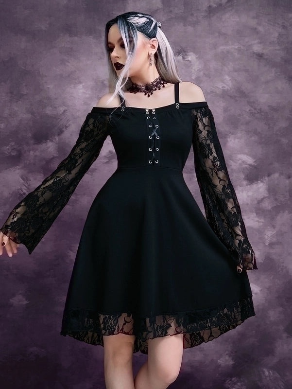 Gothic Princess Dress for Women Long Sleeve Boat Neck Solid Color Patchwork Above Knee Party Wear|Women's Clothing Dresses