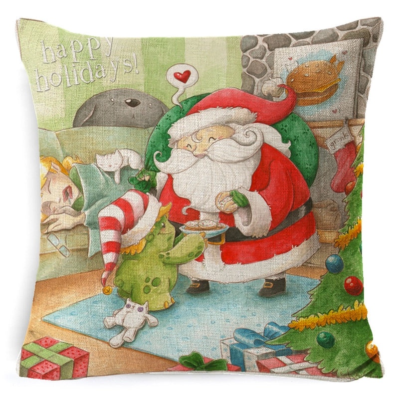 Vintage Christmas Tree and Santa Claus Socks Pattern Linen Pillow Covers|Home Decor Pillows