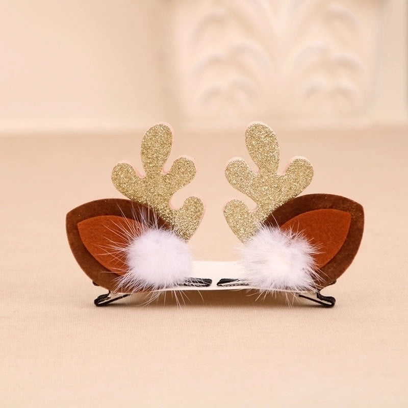 Christmas Kids Gold Glitter Antler Hairpin Set Mink Fur Clips Holiday Headband | Hair Accessories