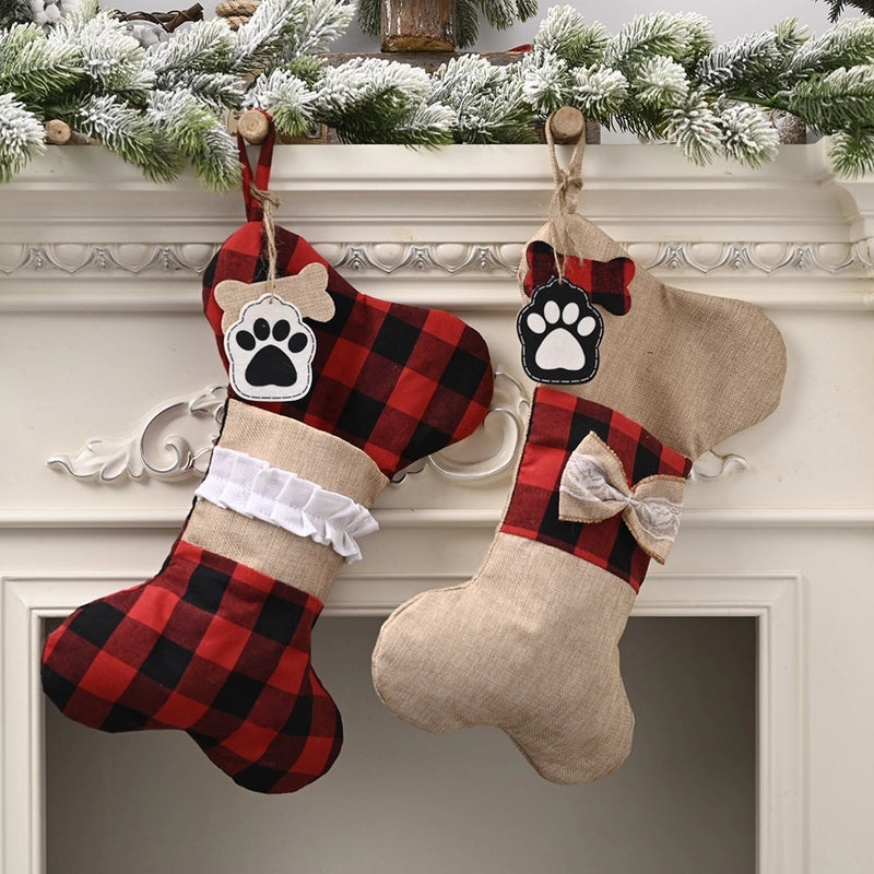 Linen Christmas Stocking Pendant with Lattice Pattern and Candy Bag | Home Decor