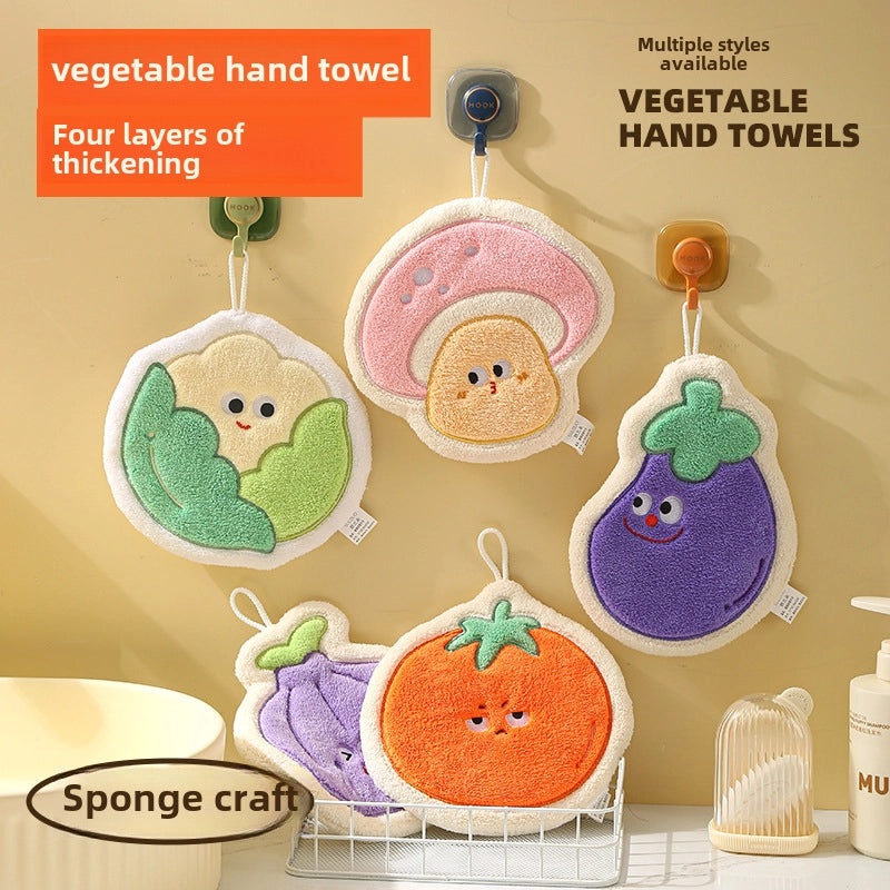 Cartoon Vegetable Hanging Hand Towel Thick Coral Fleece Quick-Dry Small Hand Wipe | Home Textiles
