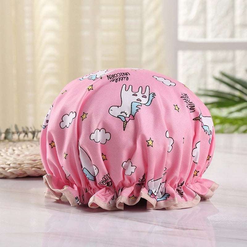 Waterproof Double Layer Shower Cap for Women Cartoon Print Hair Protection PVCPE Material|Women’s Bath & Shower Accessories