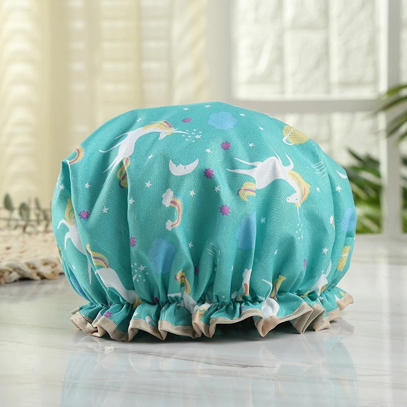 Waterproof Double Layer Shower Cap for Women Cartoon Print Hair Protection PVCPE Material|Women’s Bath & Shower Accessories
